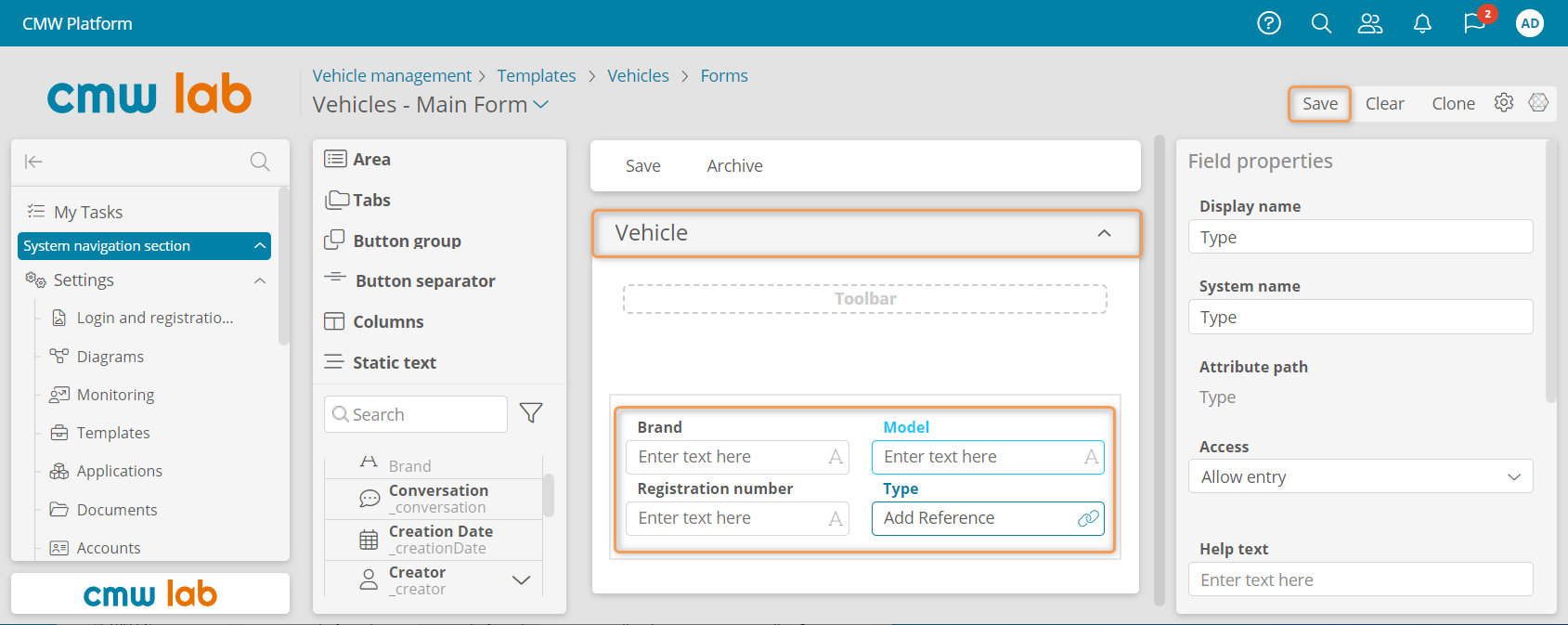 Setting up the form for the "Vehicles" record template