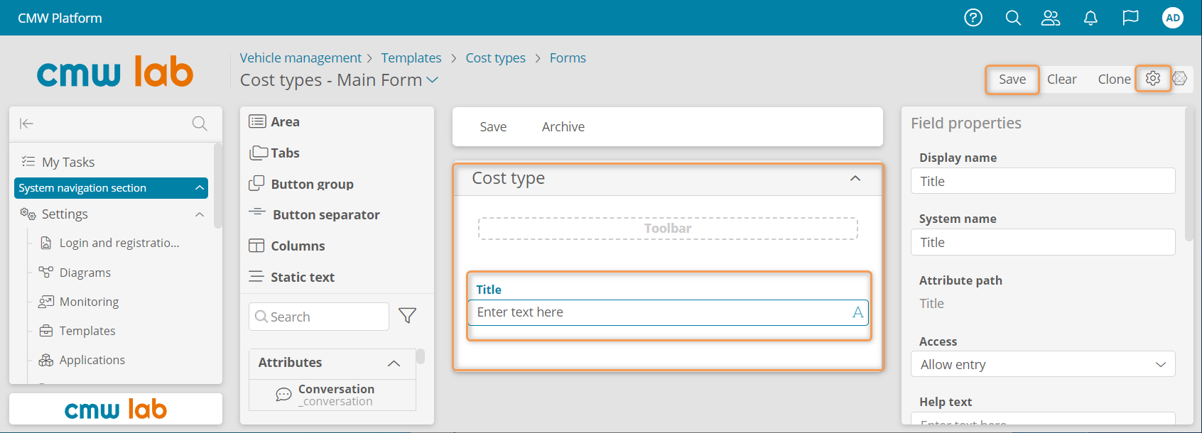 Configuring the Cost type form