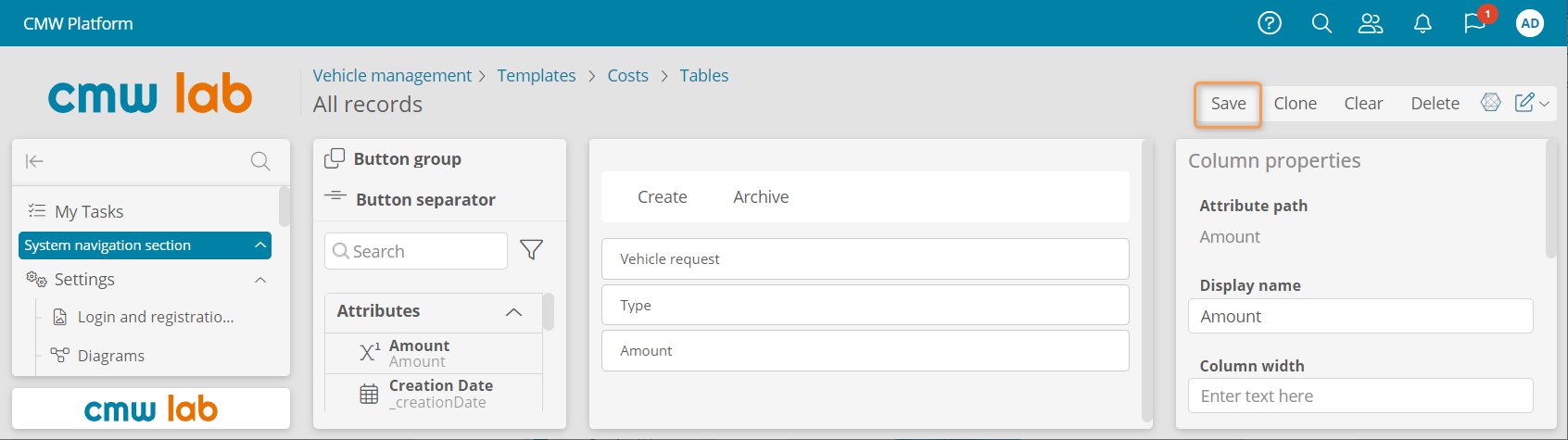 Setting the "Costs" default table
