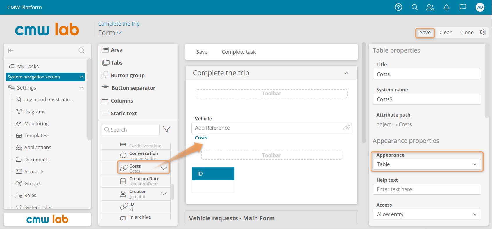 Configuring and saving the Complete the trip task form