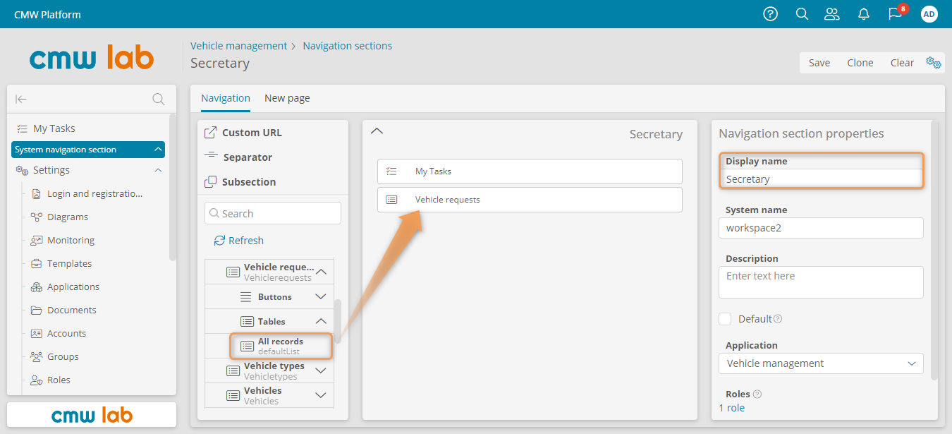 Configuring the Secretary navigation section