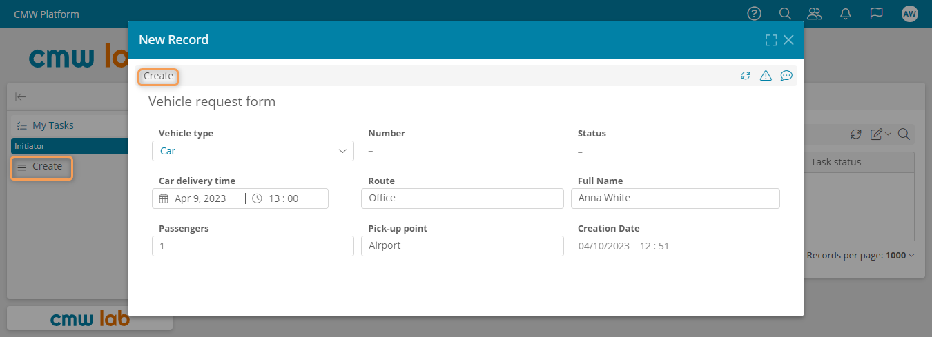 Creating a vehicle request under the Initiator account