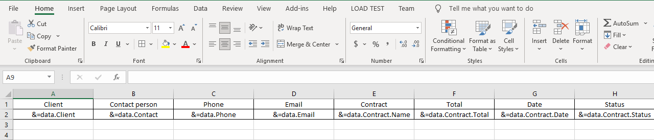 Example of an Excel export template