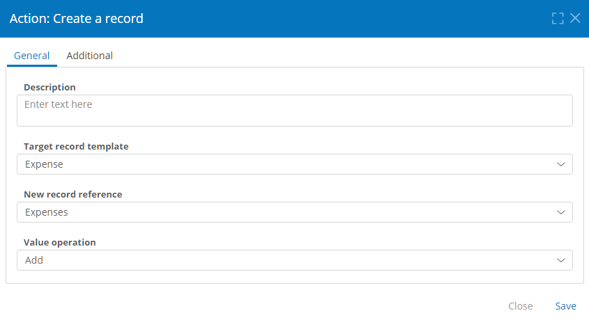 Create a Record action general properties