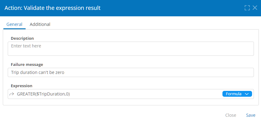 Validate the Expression Result action general properties