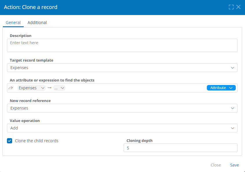 Clone a Record action properties