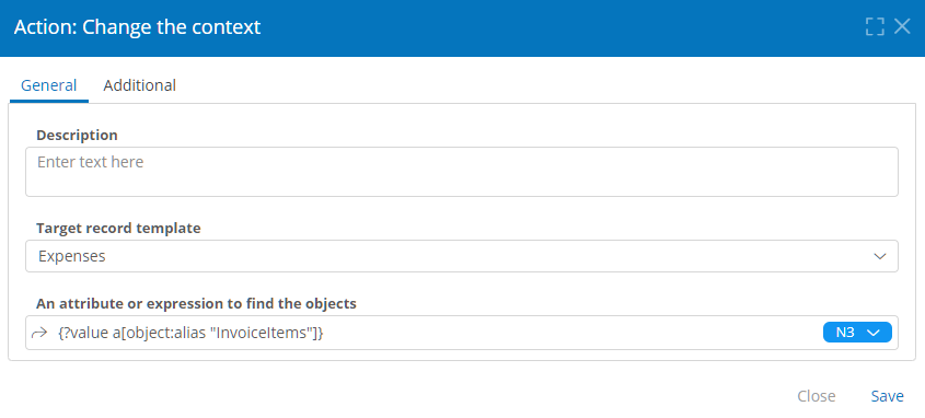 Change the Context action properties