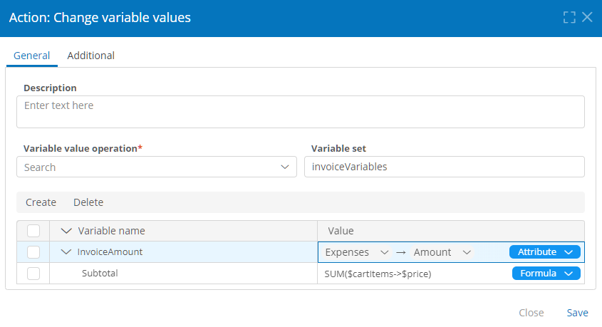 Change Variable Values ​​action properties