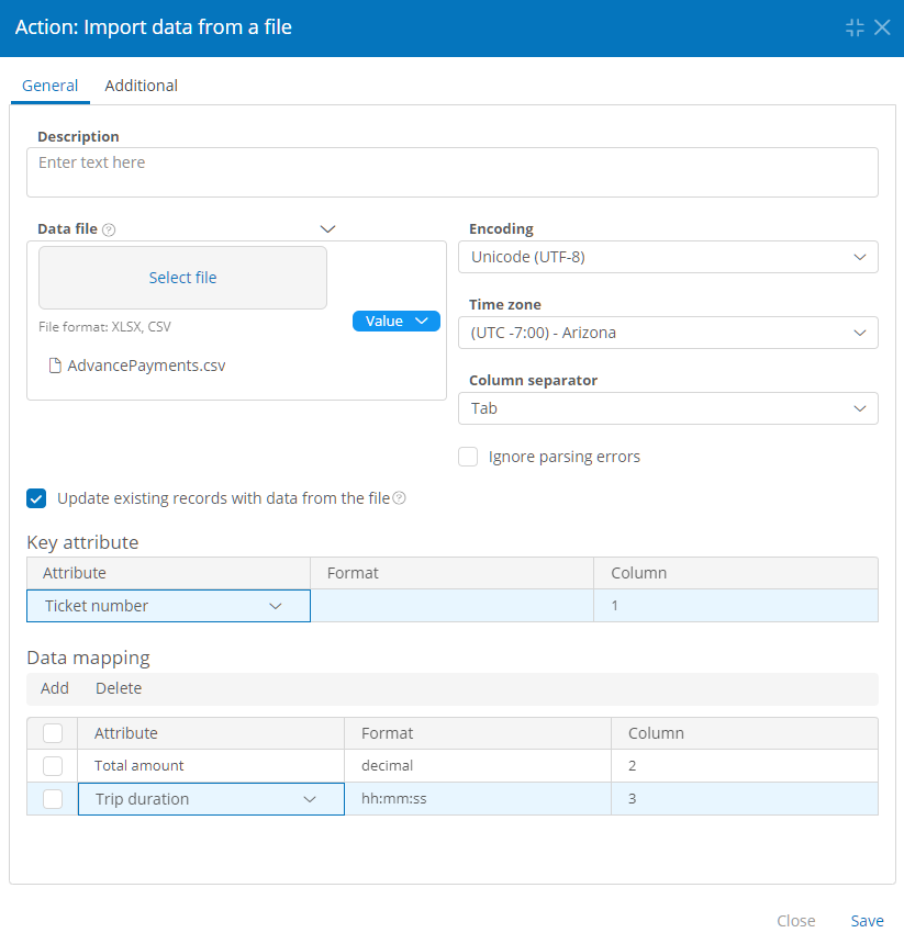 Import Data From a File action properties