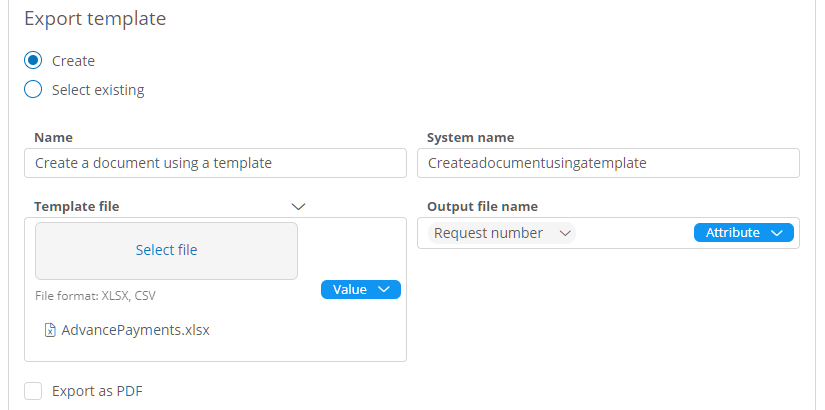 Creating a new export template for the Create a Document Using a Template action