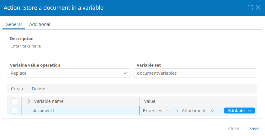 Store a Document in a Variable action properties