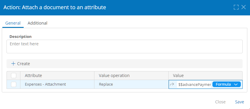 Attach a Document to an Attribute action properties