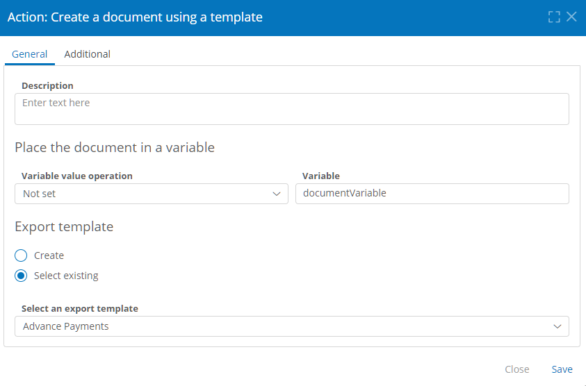 Create a Document Using a Template action properties