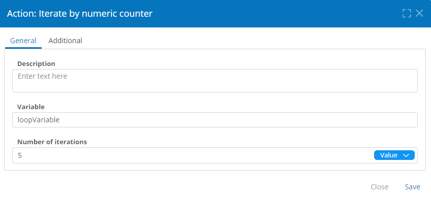 Iterate by Numeric Counter action properties