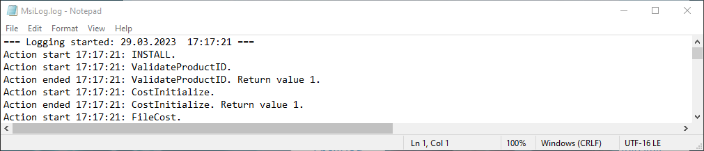 MSI package installer log example