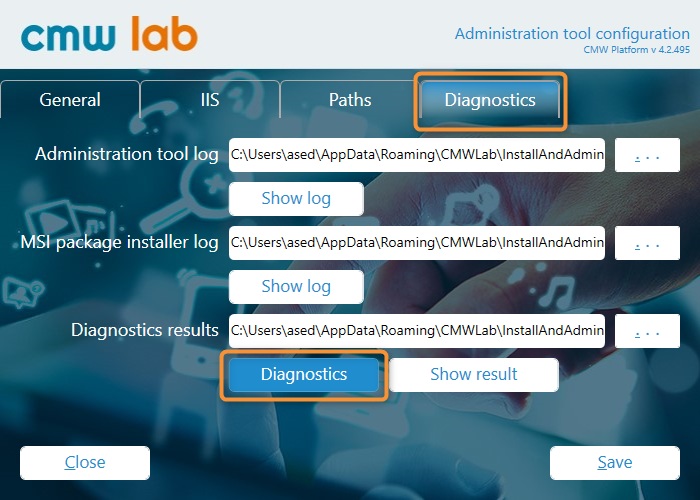 The Diagnostics tab in the Administration Tool configuration