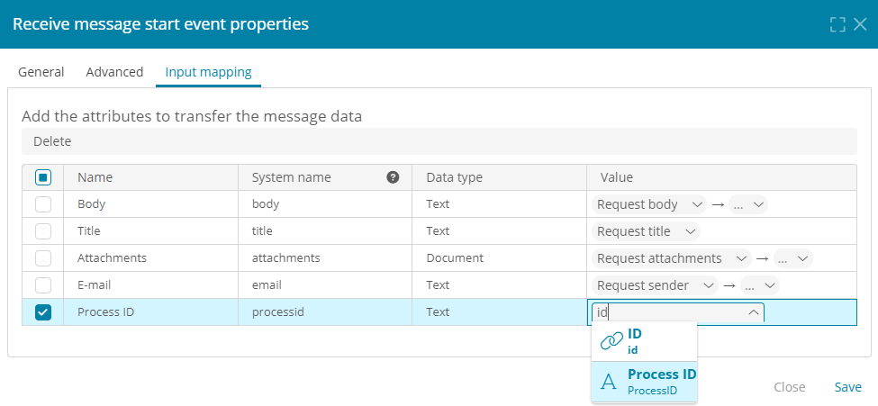 Mapping the record template attributes to the e-mail message attributes