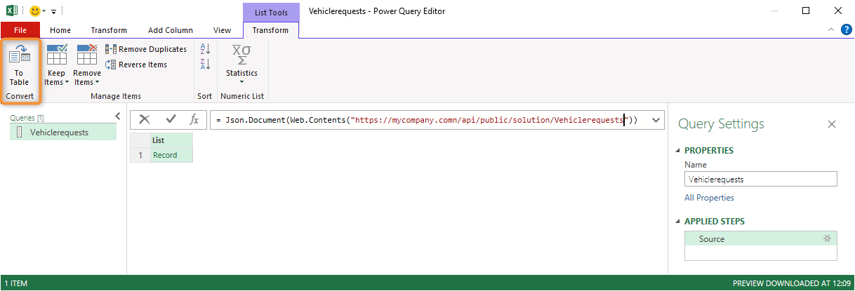 Power Query Editor with the imported data