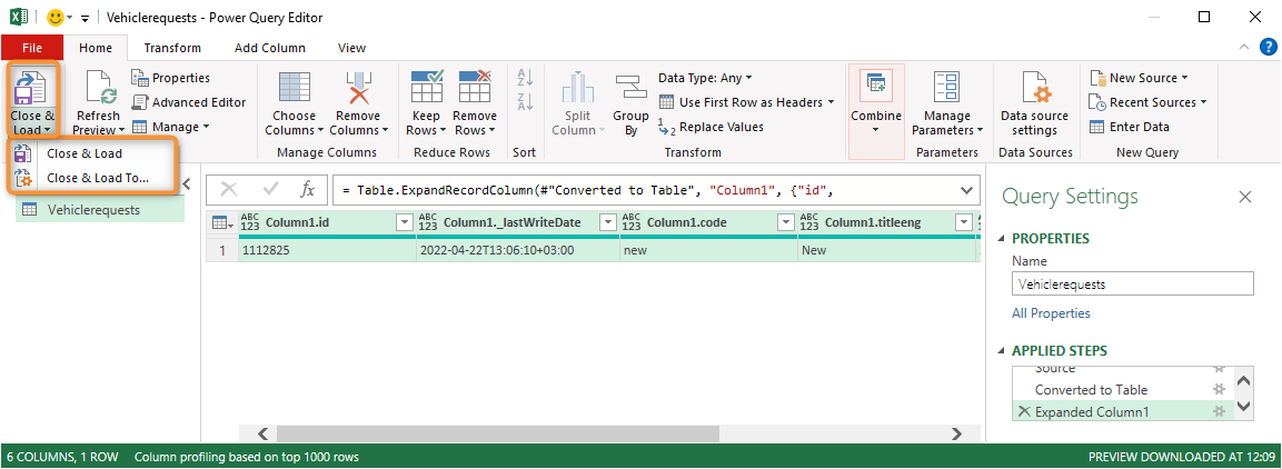 Loading the query table to the Excel spreadsheet