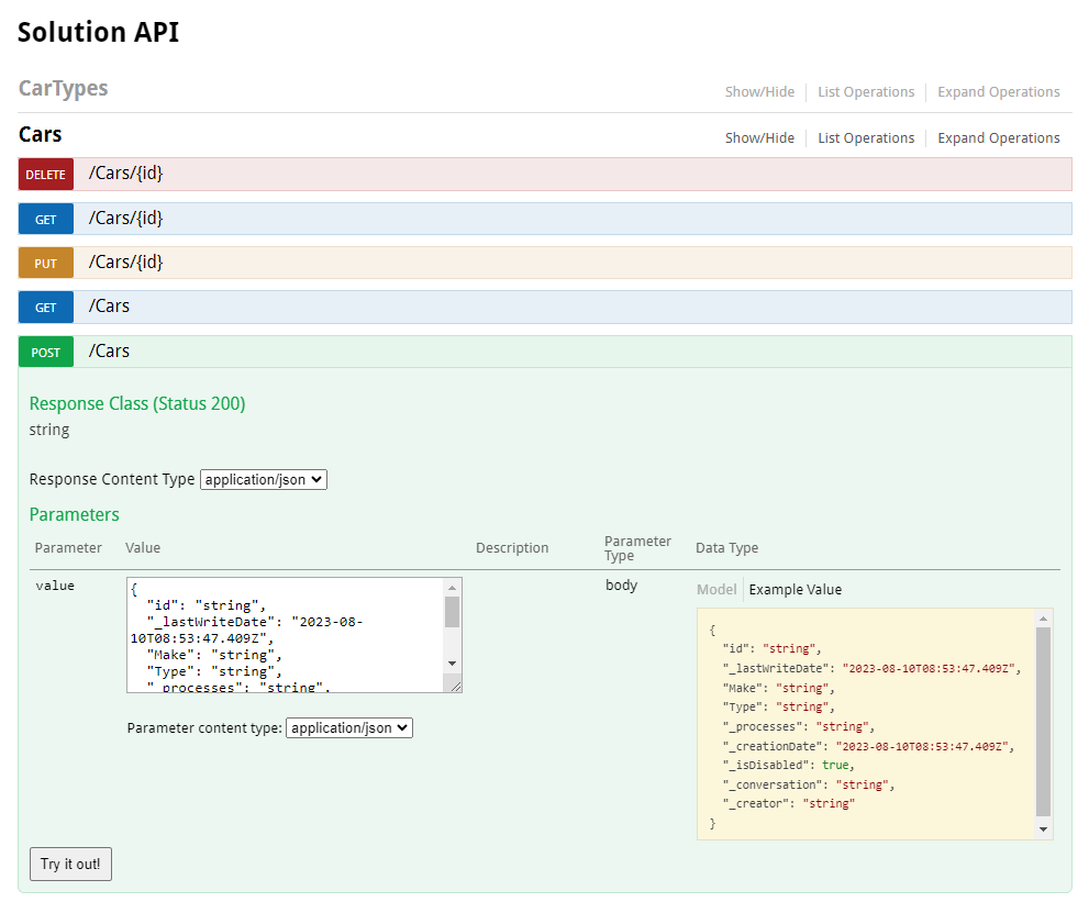 Swagger UI for the method that creates a template record