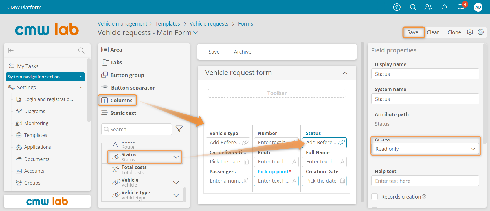 Adding the Status attribute to the vehicle request form