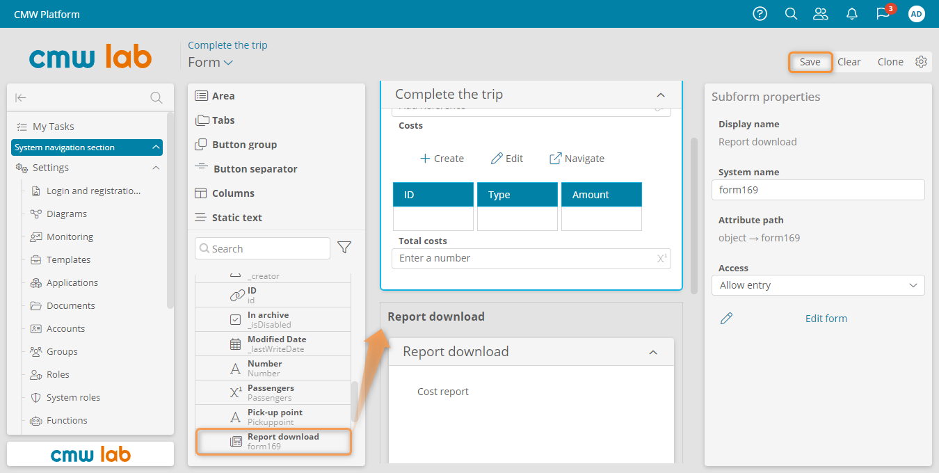 Adding the Report download subform to the Complete the trip user task form