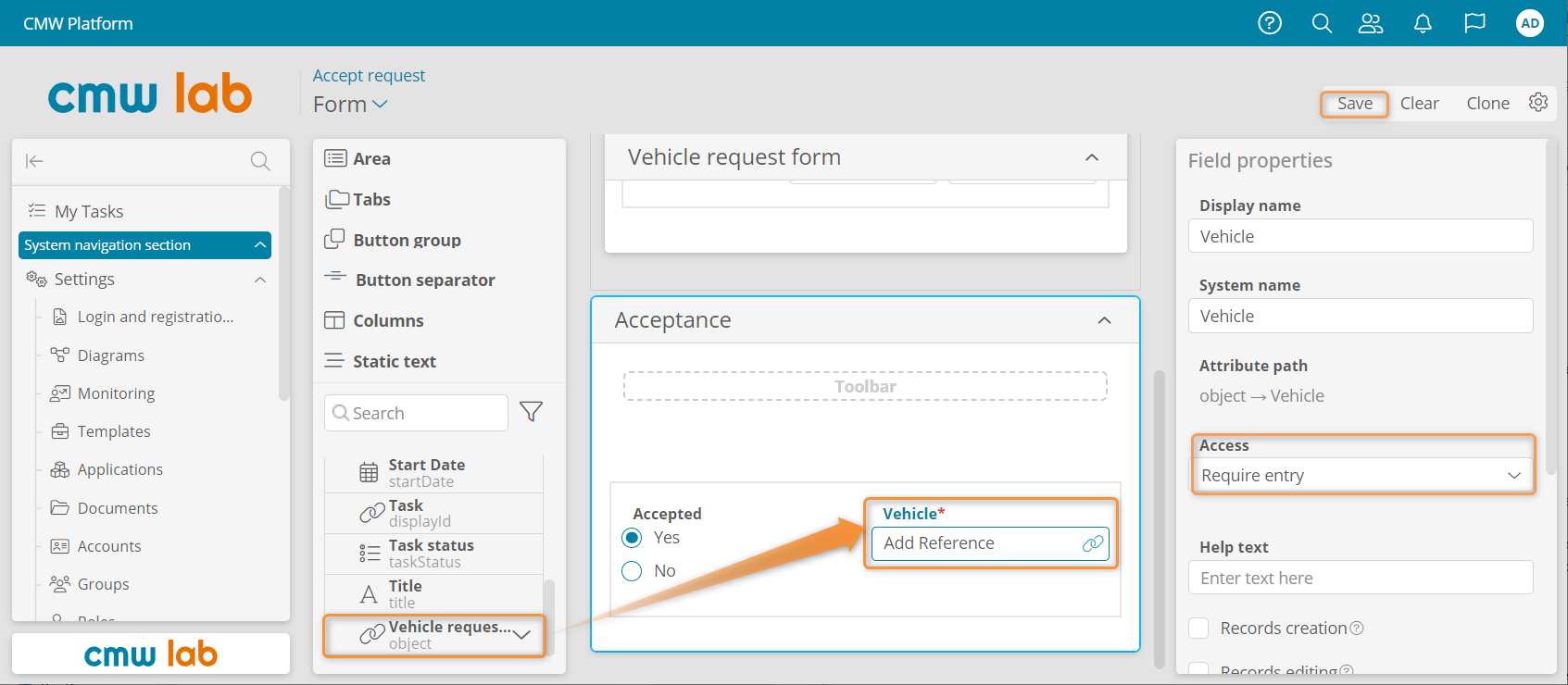 Adding the Vehicle dropdown to the Accept request task form